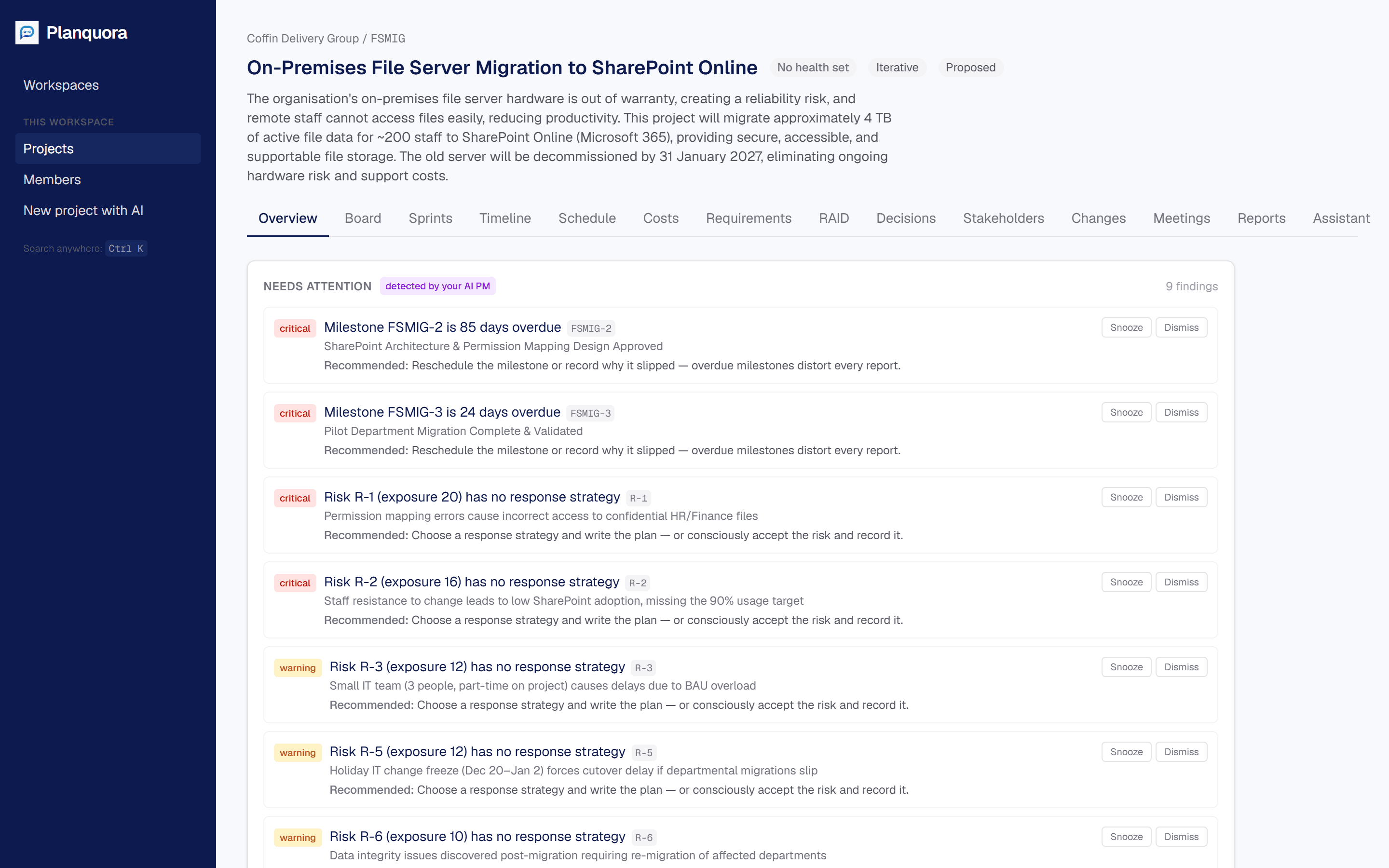 Planquora project overview with AI-detected findings that need attention